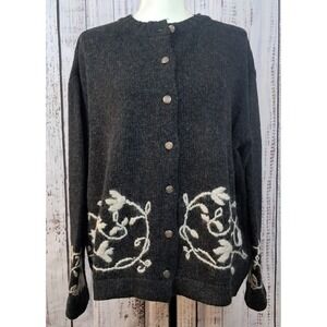 VTG OLD NAVY M/L Wool Cardigan‎ Sweater Gray Embroidered Floral Knitwear Scandi